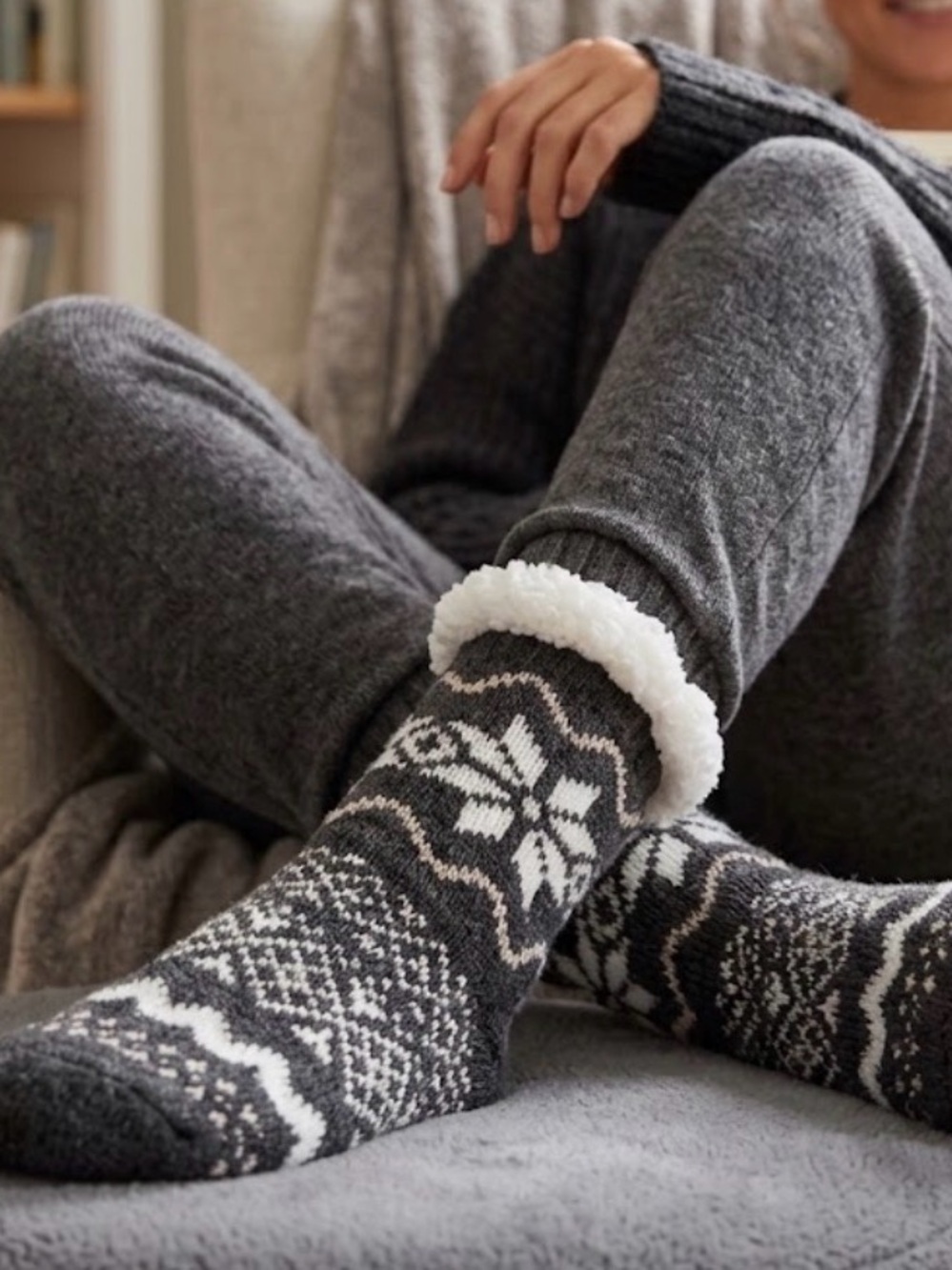 a new day Gray Fair Isle Sherpa-Lined Crew Socks with White Cuff
